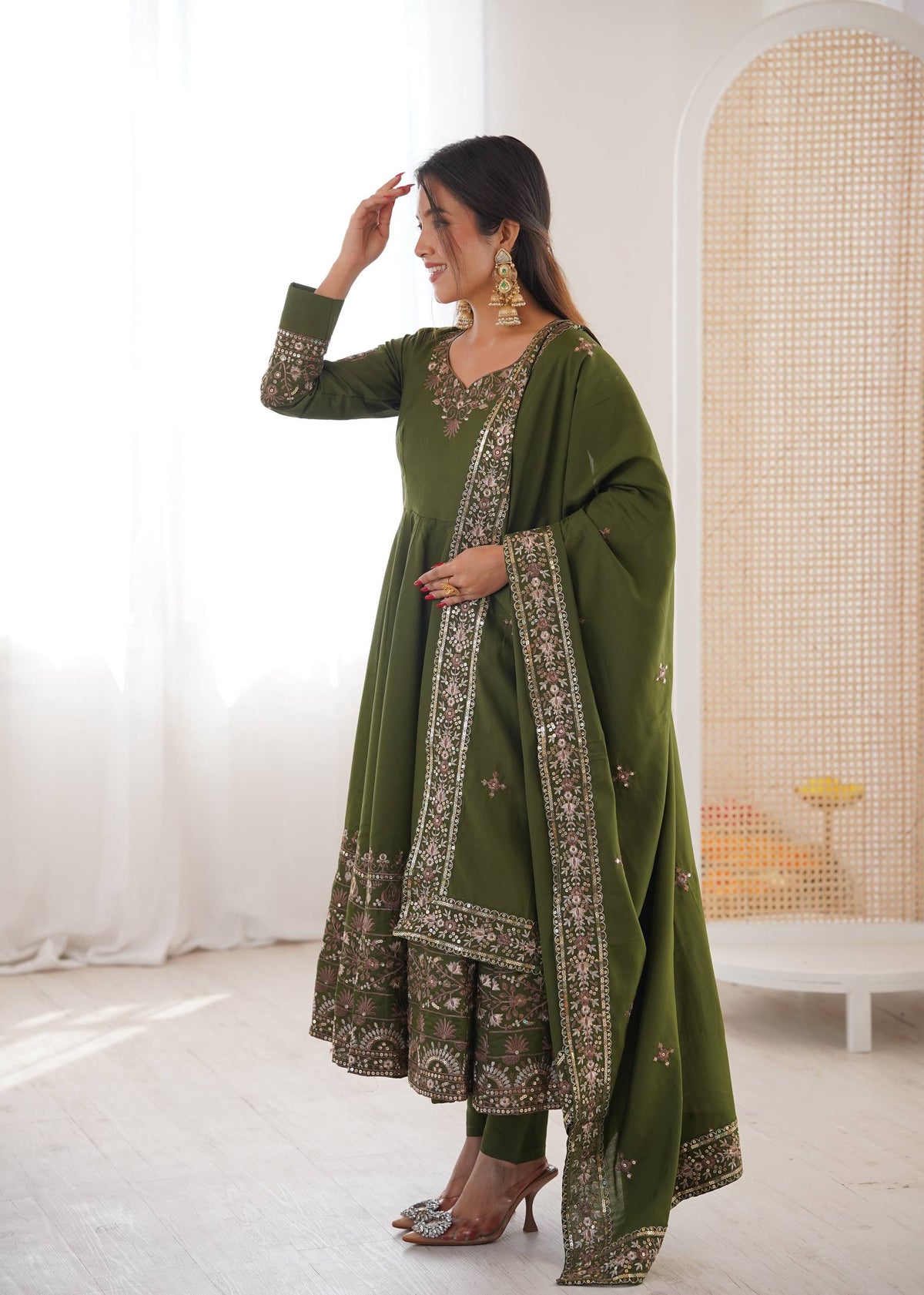 Mehendi Green Roman Silk Embroidered Anarkali Set