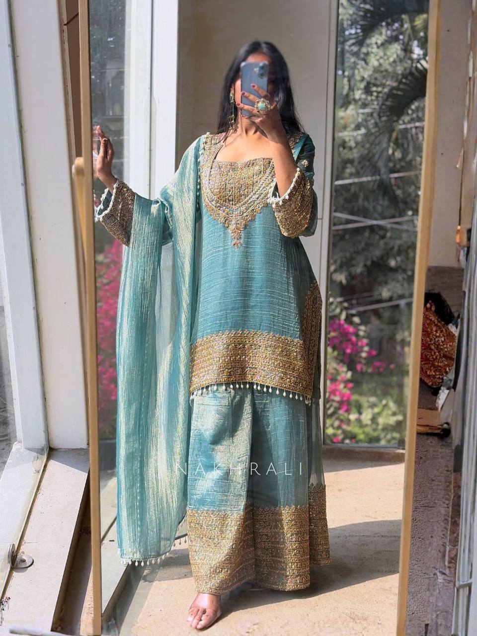 Firozi Fendy Silk Embroidered Sharara Suit Set with Lace Work
