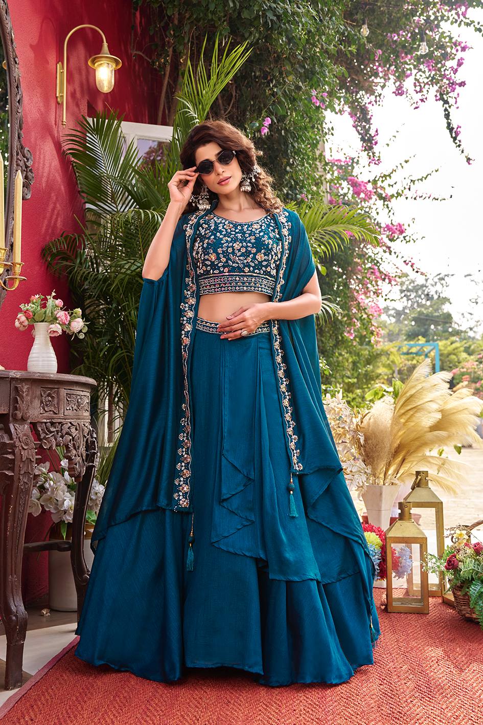 Teal Embroidered Lehenga Set with Cape-Style Dupatta