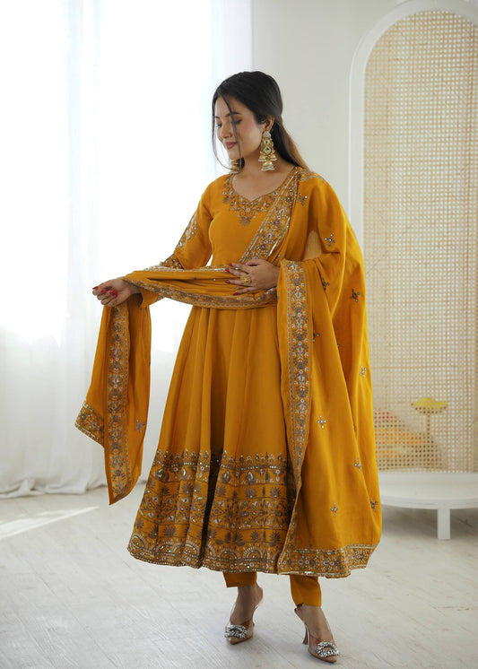 Mustard Embroidered Anarkali Suit with Matching Dupatta