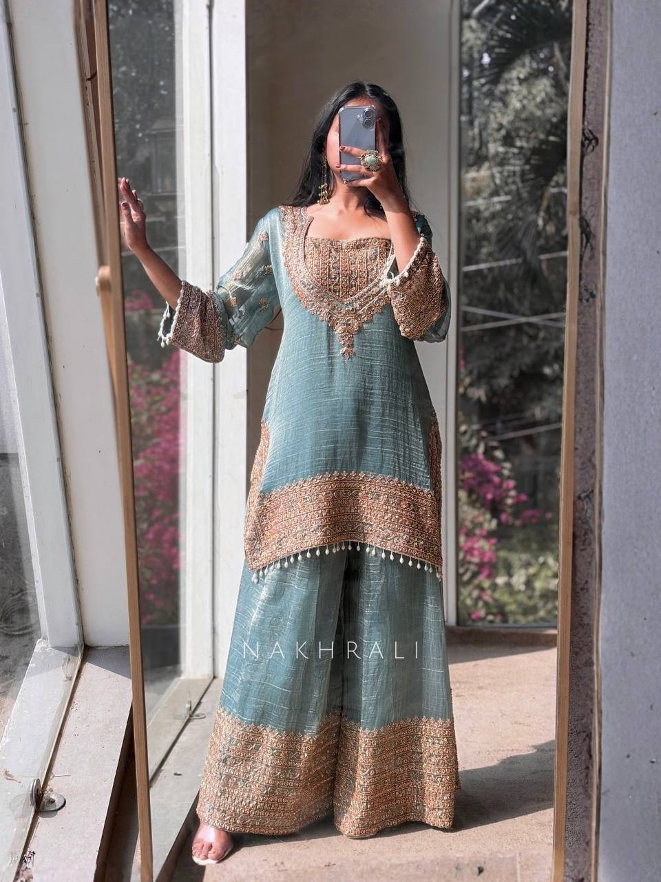 Firozi Fendy Silk Embroidered Sharara Suit Set with Lace Work