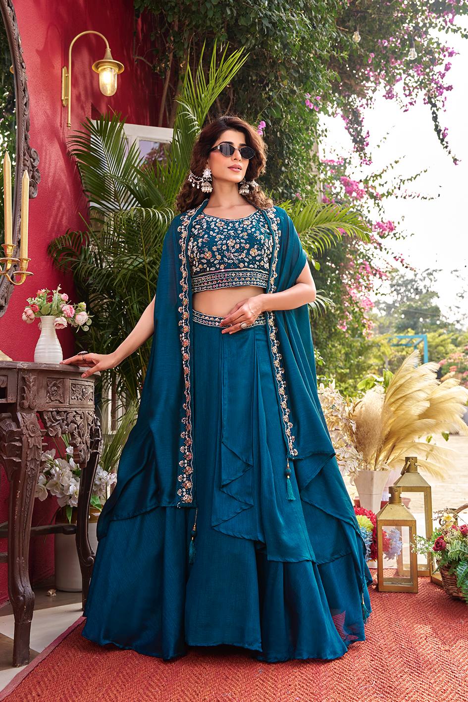 Teal Embroidered Lehenga Set with Cape-Style Dupatta