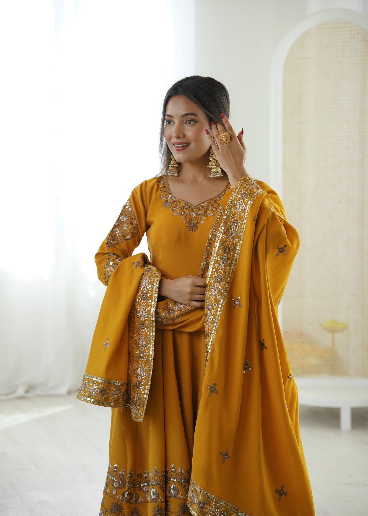 Mustard Embroidered Anarkali Suit with Matching Dupatta