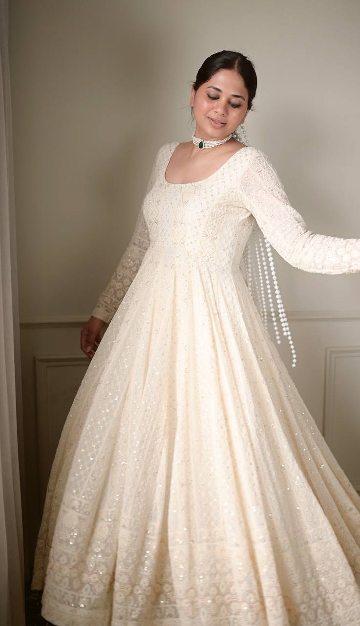 Graceful Cream Embroidered Anarkali Gown