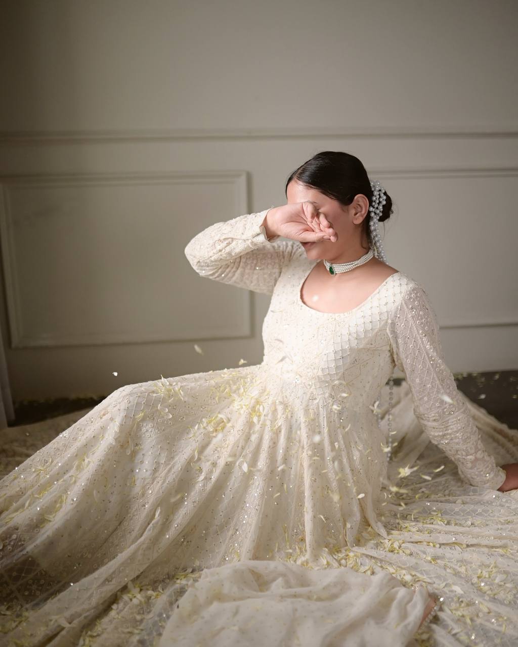 Graceful Cream Embroidered Anarkali Gown