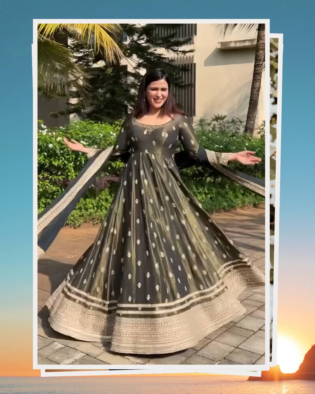 Elegant Olive Green Anarkali Gown with Zari Border