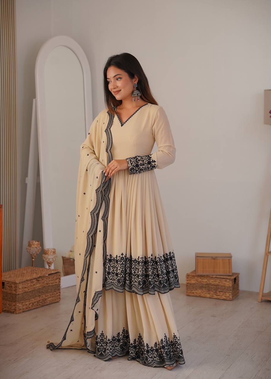 Beige Embroidered Anarkali Suit with Designer Dupatta