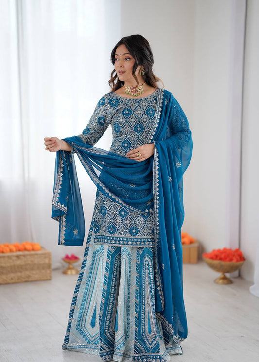 Teal Blue Embroidered Lehenga Set with Dupatta
