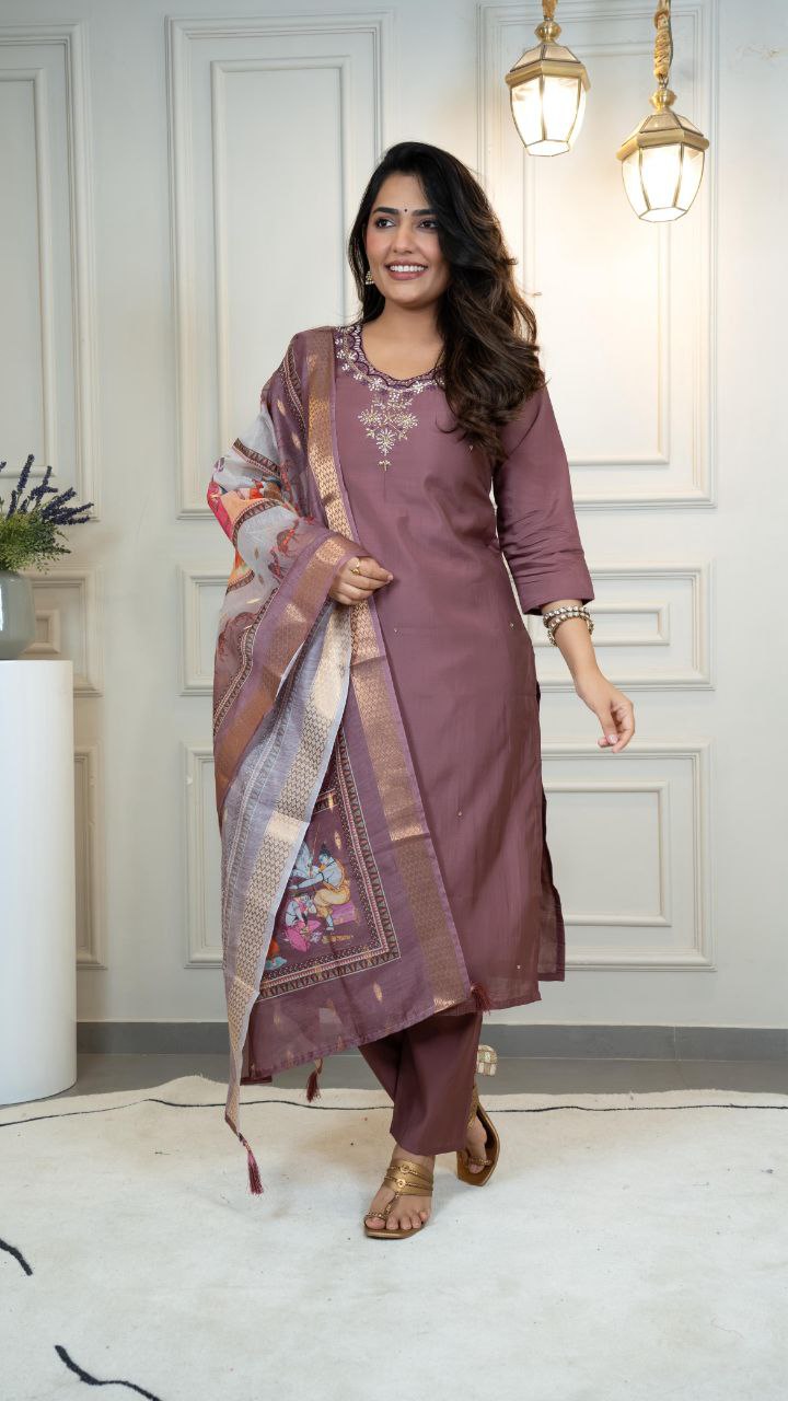 Elegant Mauve Straight Kurta Suit with Printed Dupatta
