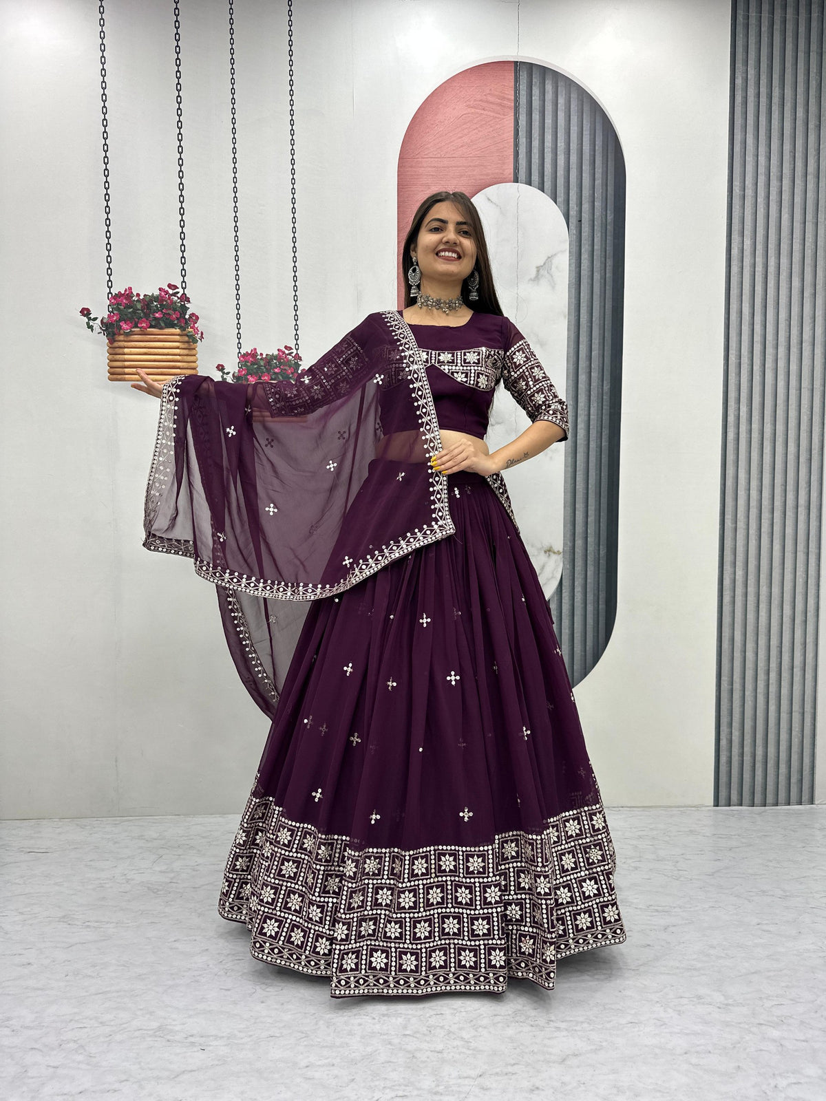 Plum Embroidered Lehenga Choli with Dupatta