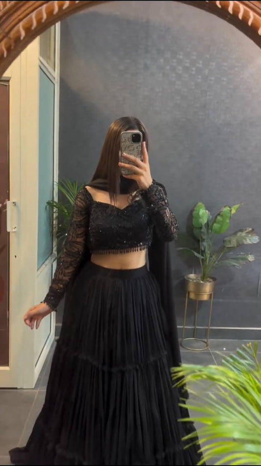Midnight Black Ruffle Style Lehenga Choli Set with Sequence Work