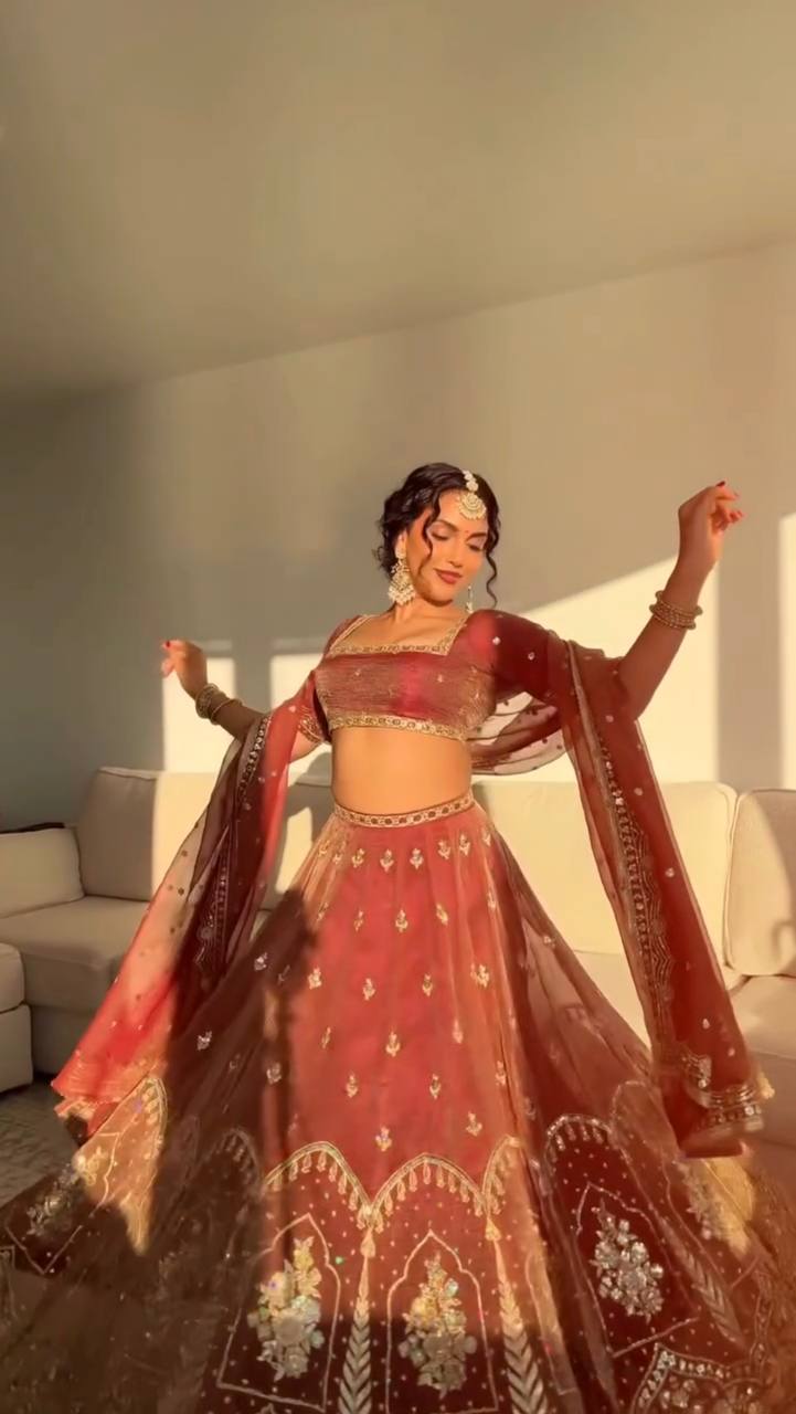 Dusty Rose Embroidered Lehenga Set with Sheer Dupatta