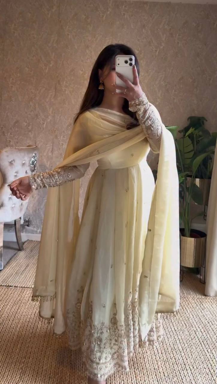 Butter Yellow Embroidered Anarkali Set with Dupatta