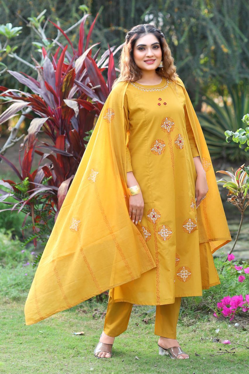 Mustard Pure Cotton Real Mirror Work A-Line Kurti Set
