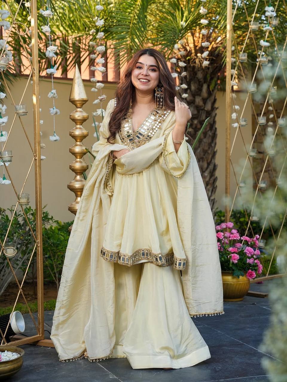 Ivory Mirror-Embellished Festive Kurta Set with Dupatta