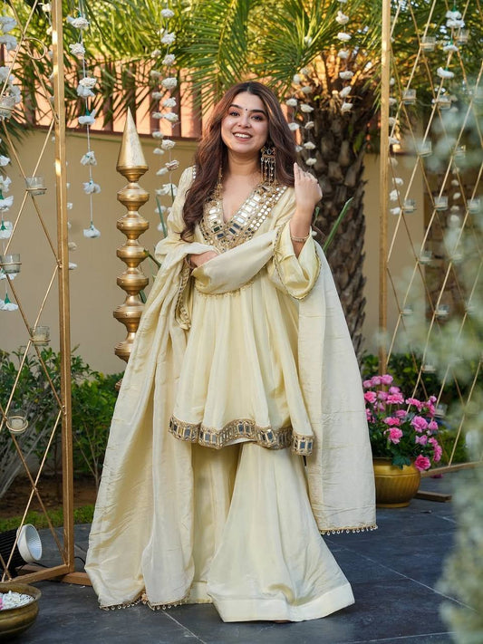 Ivory Mirror-Embellished Festive Kurta Set with Dupatta