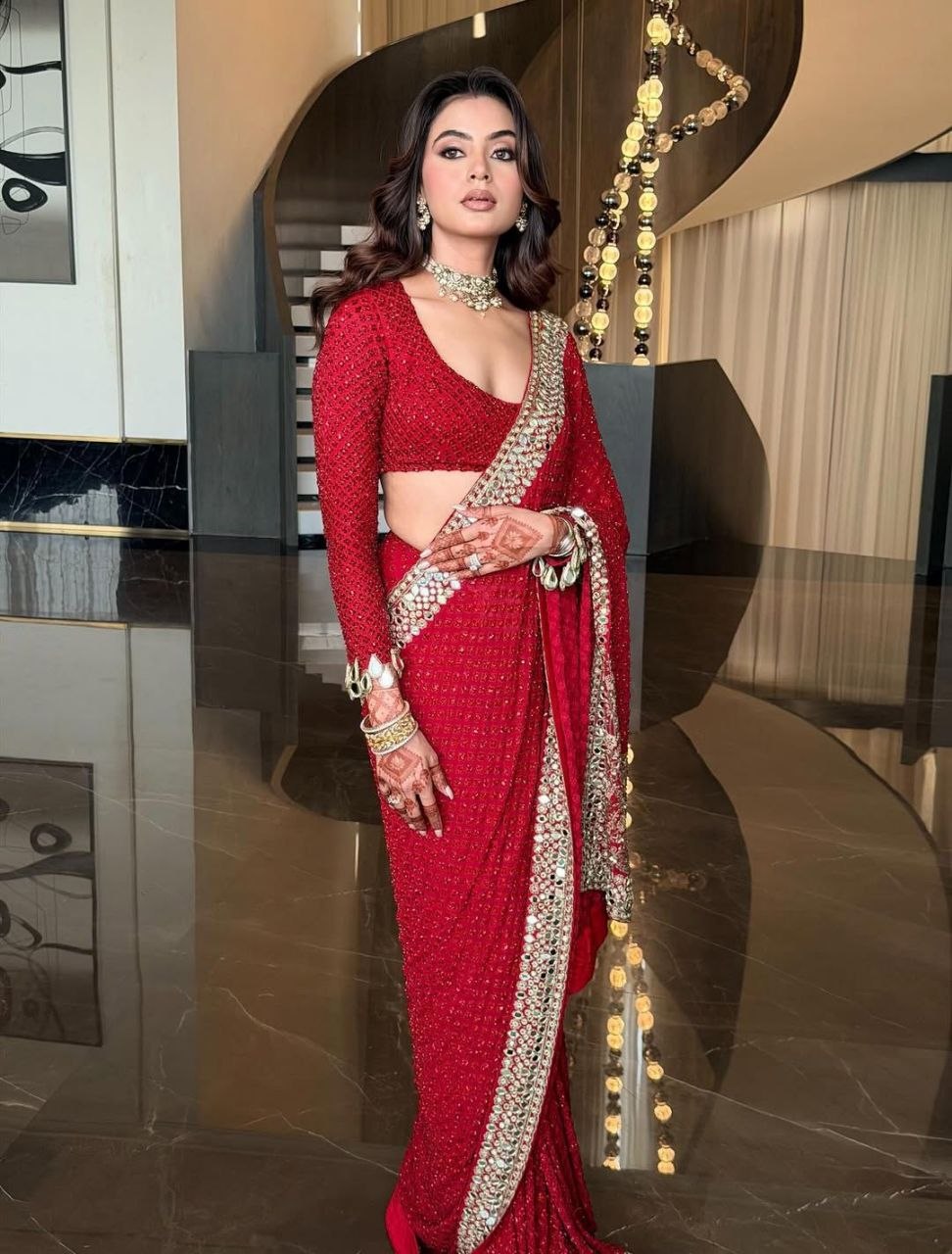 Red Georgette Mirror and Sequence Embroidery Saree