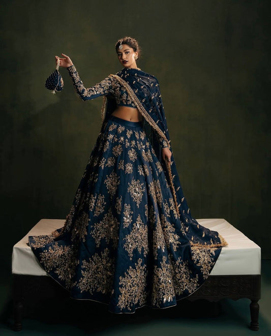 Royal Navy Blue Lehenga Set with Intricate Gold Embroidery