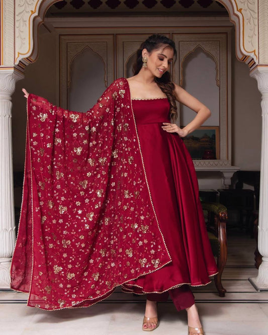 Designer Maroon Heavy Faux Georgette Anarkali Gown With Embroidery Sequence Work Dupatta