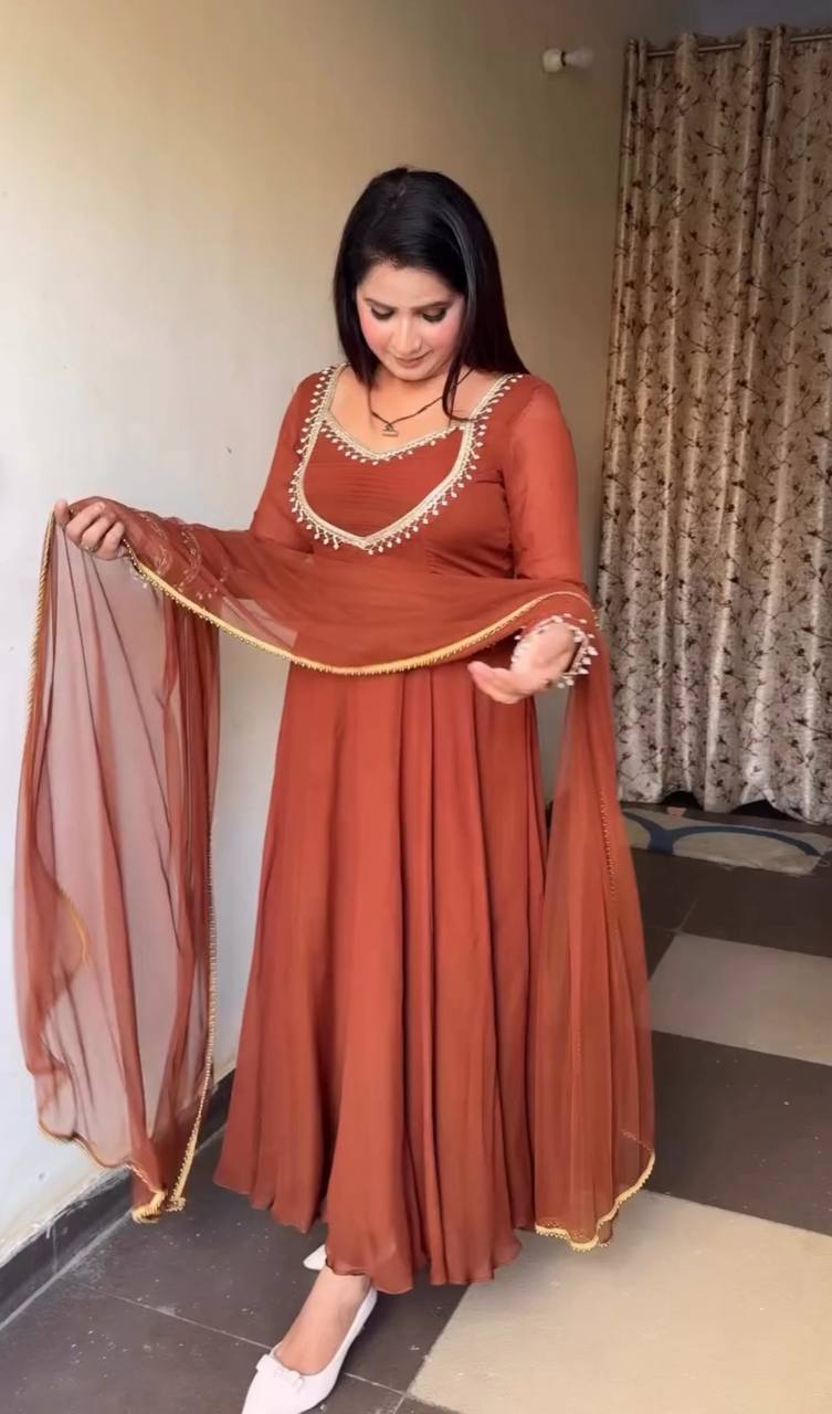 Elegant Rust Anarkali Dress with Embellished Neckline