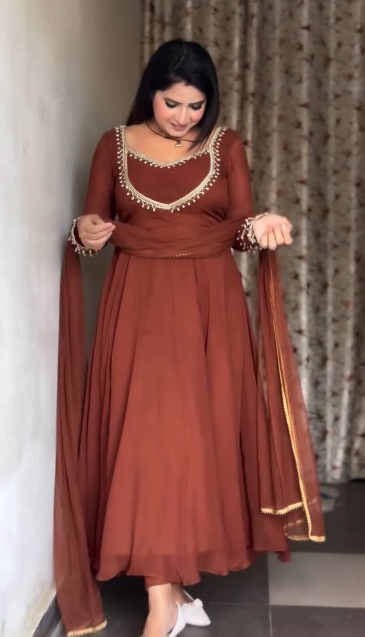 Elegant Rust Anarkali Dress with Embellished Neckline