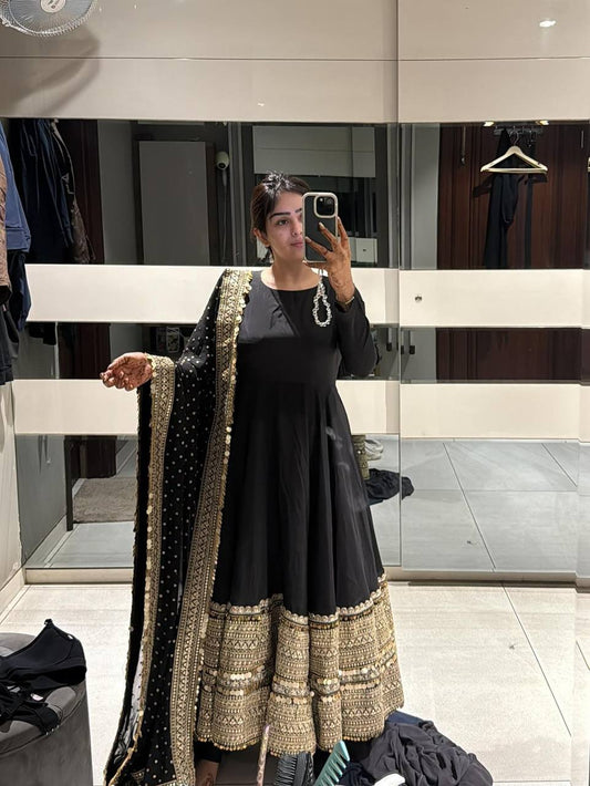 Black Embroidered Anarkali Suit with Heavy Border Dupatta