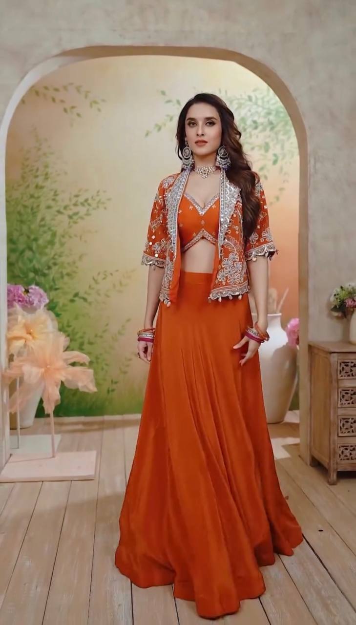 Orange Rangoli Silk Lehenga Choli with Traditional Koti