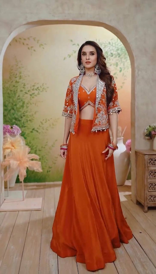 Orange Rangoli Silk Lehenga Choli with Traditional Koti