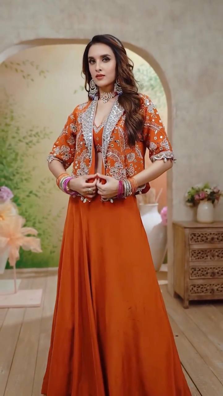 Orange Rangoli Silk Lehenga Choli with Traditional Koti
