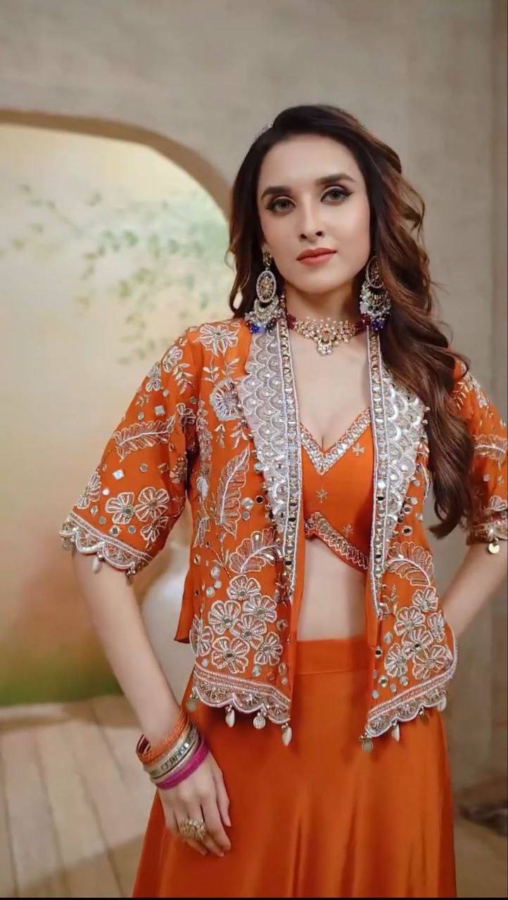 Orange Rangoli Silk Lehenga Choli with Traditional Koti