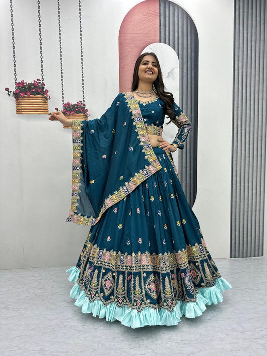 Teal Blue Embroidered Lehenga Set with Asymmetric Dupatta