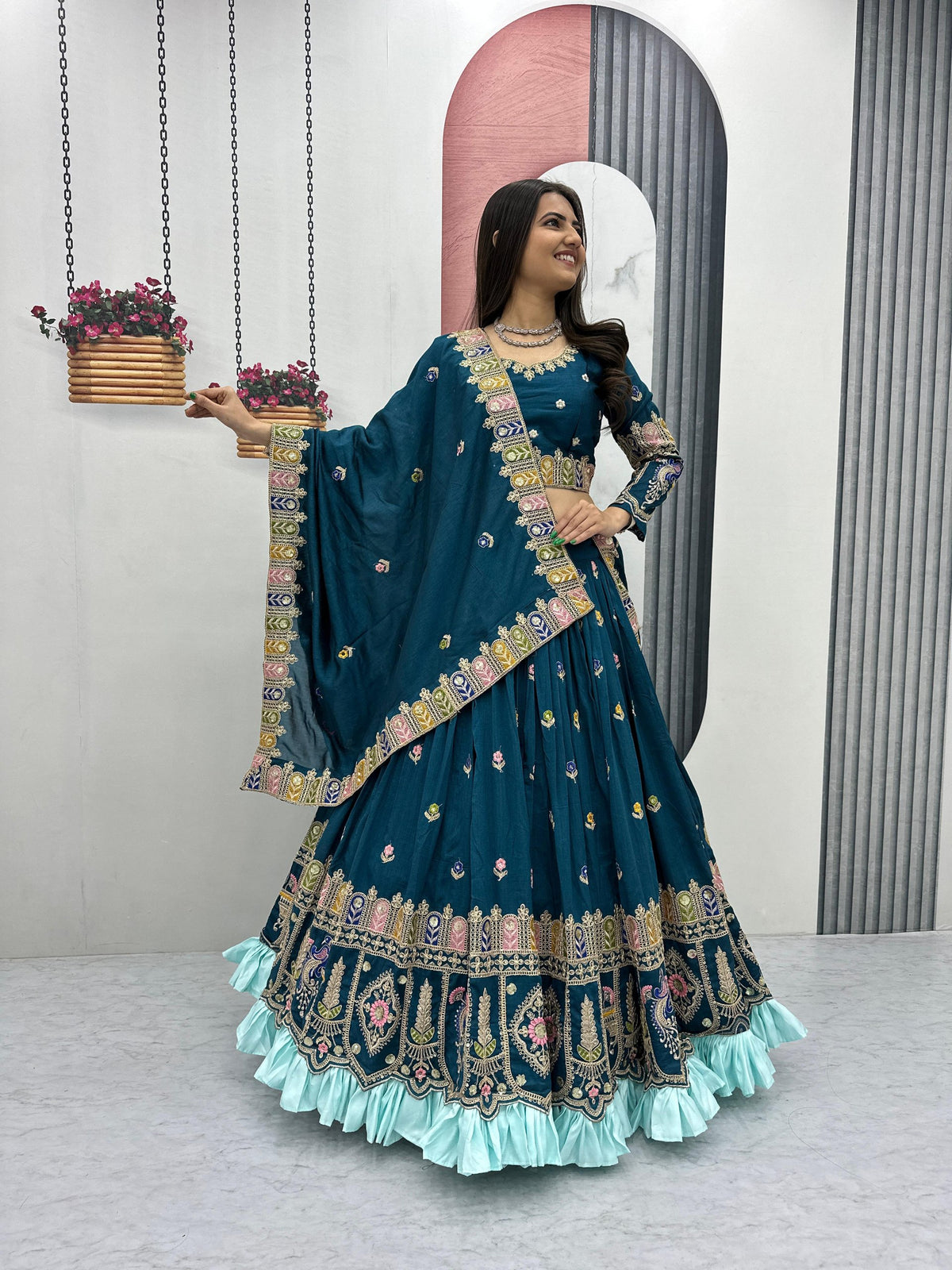 Teal Blue Embroidered Lehenga Set with Asymmetric Dupatta