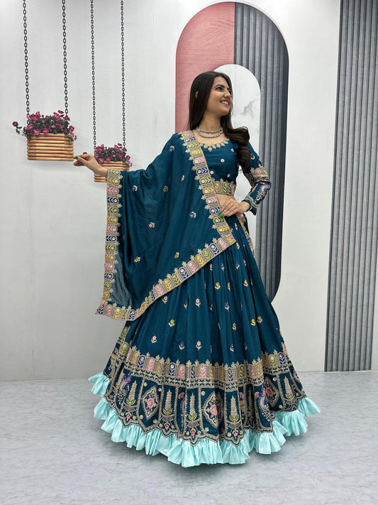 Teal Blue Embroidered Lehenga Set with Asymmetric Dupatta