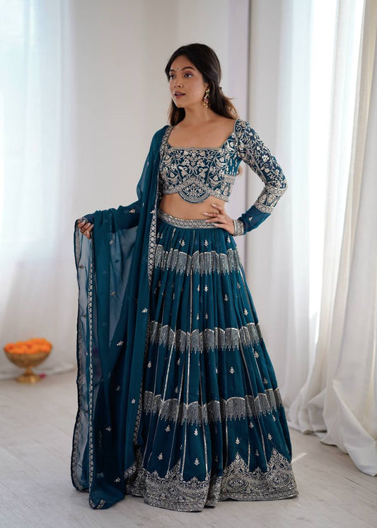 Teal Blue Embroidered Lehenga Choli Set with Dupatta
