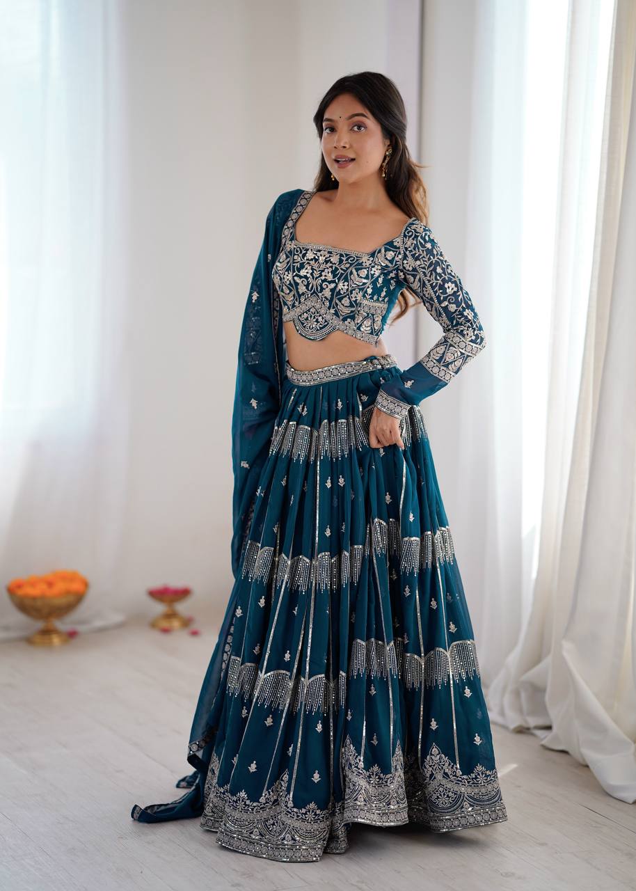 Teal Blue Embroidered Lehenga Choli Set with Dupatta