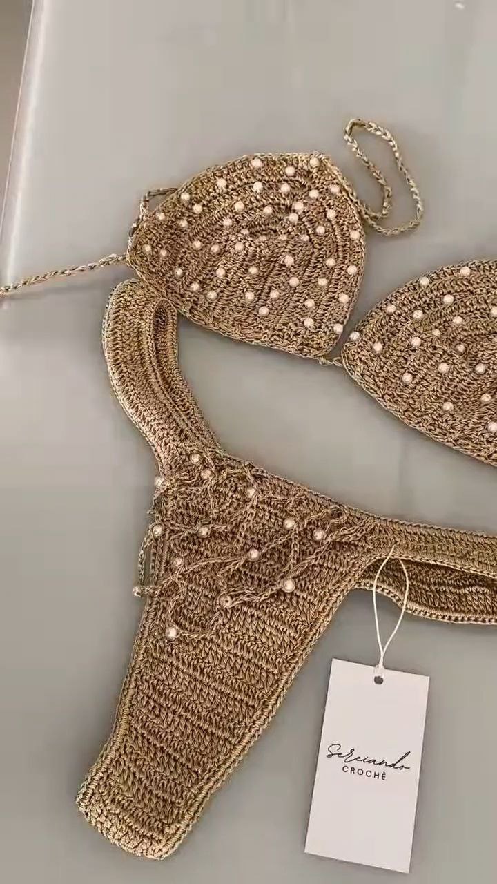 Gold Hand-Crocheted Pearl Embellished Bikini Set