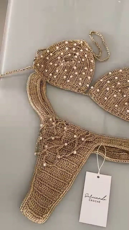 Gold Hand-Crocheted Pearl Embellished Bikini Set