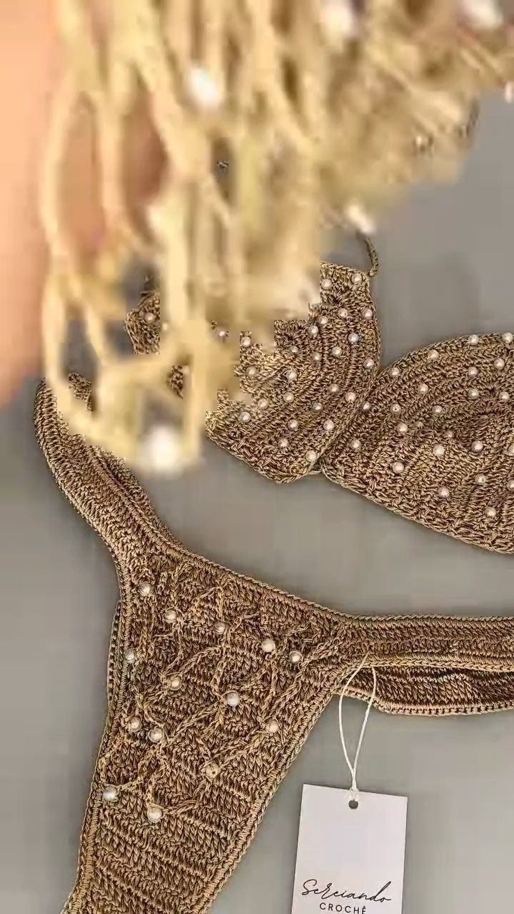 Gold Hand-Crocheted Pearl Embellished Bikini Set