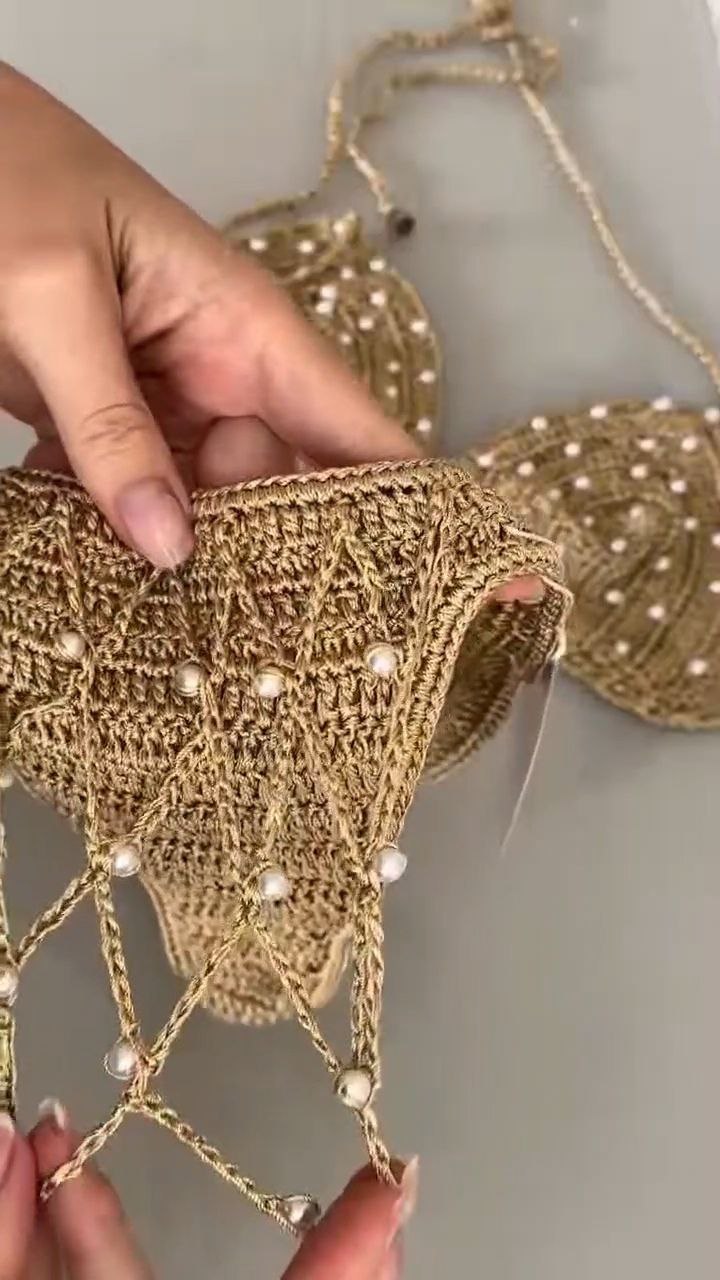 Gold Hand-Crocheted Pearl Embellished Bikini Set