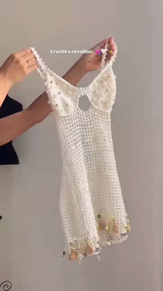 White Crochet Pearl Detail Mini Dress