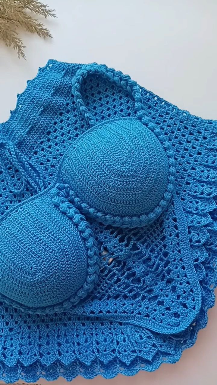 Blue Hand-Crocheted Lace Bikini Top