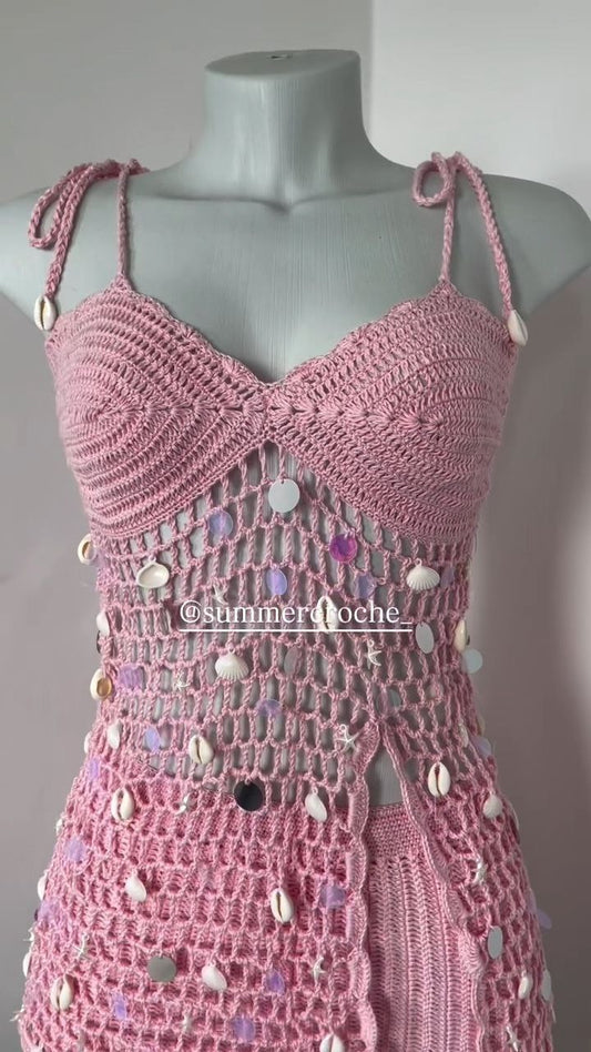 Pink Crochet Shell Embellished Mini Dress