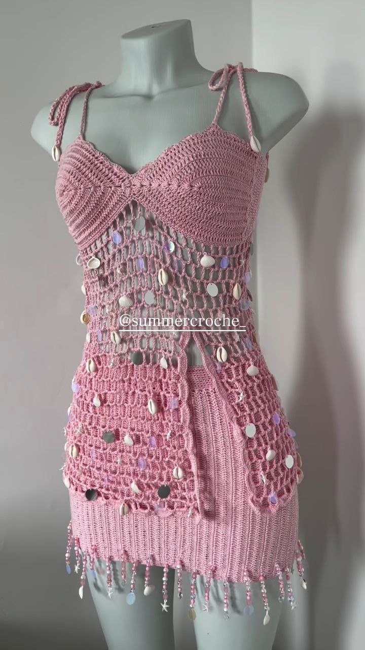 Pink Crochet Shell Embellished Mini Dress