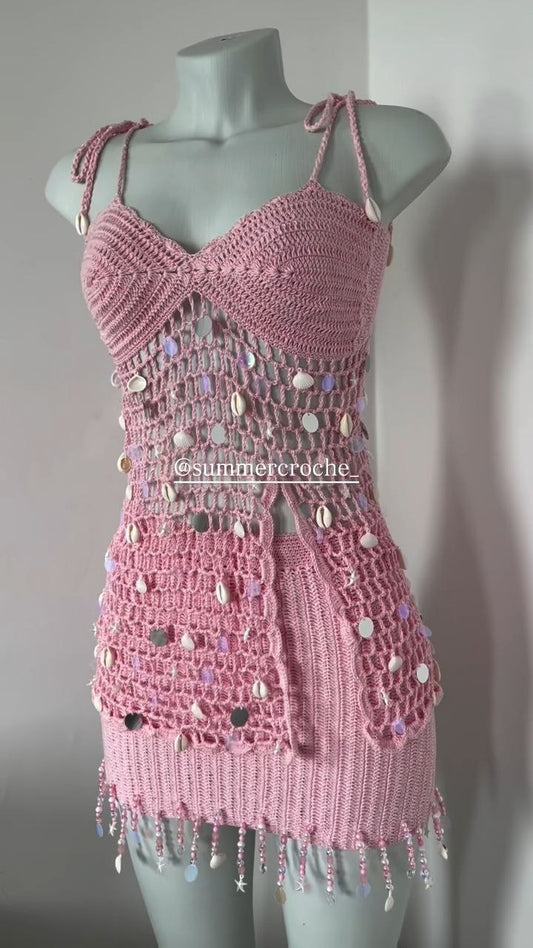 Pink Crochet Shell Embellished Mini Dress