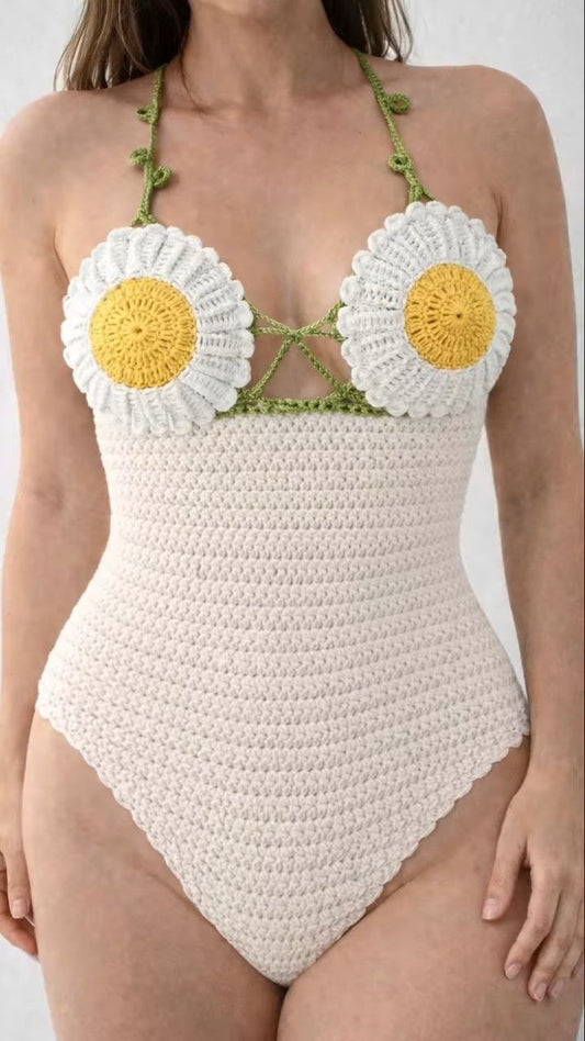 Handcrafted Crochet One-Piece Swimsuit – Mesh Panel Design