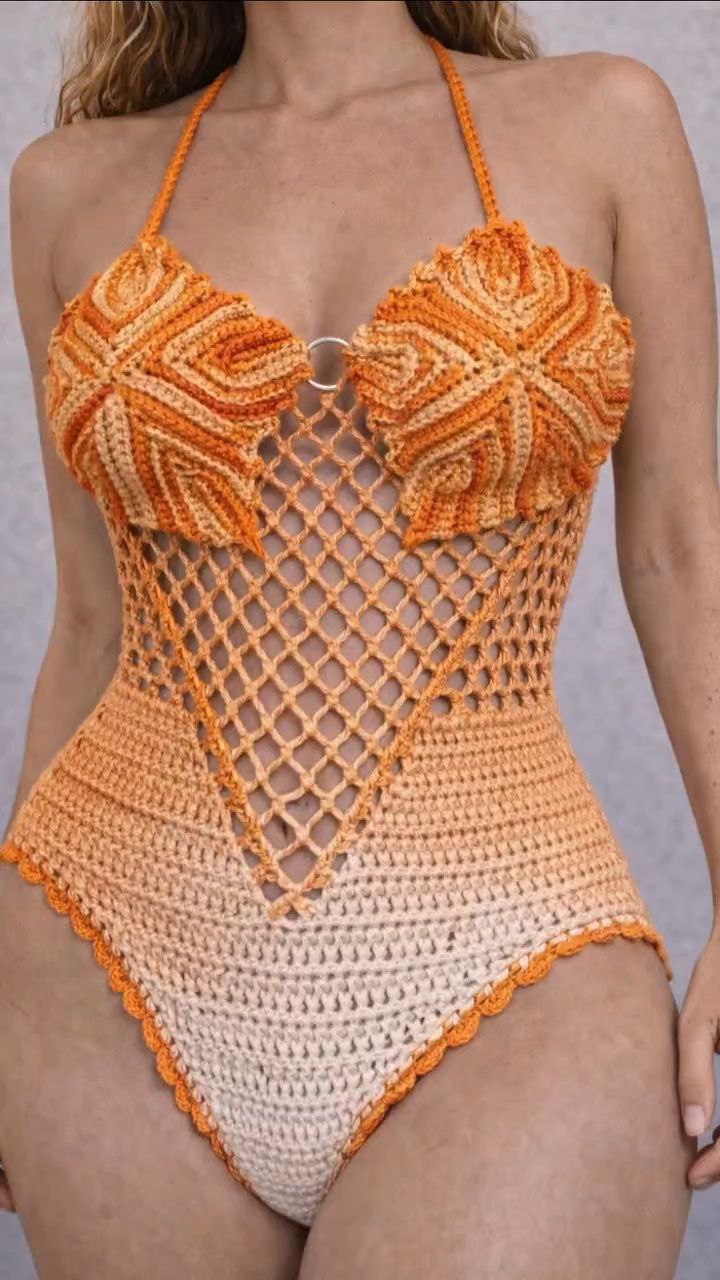 Handcrafted Crochet One-Piece Swimsuit – Mesh Panel Design