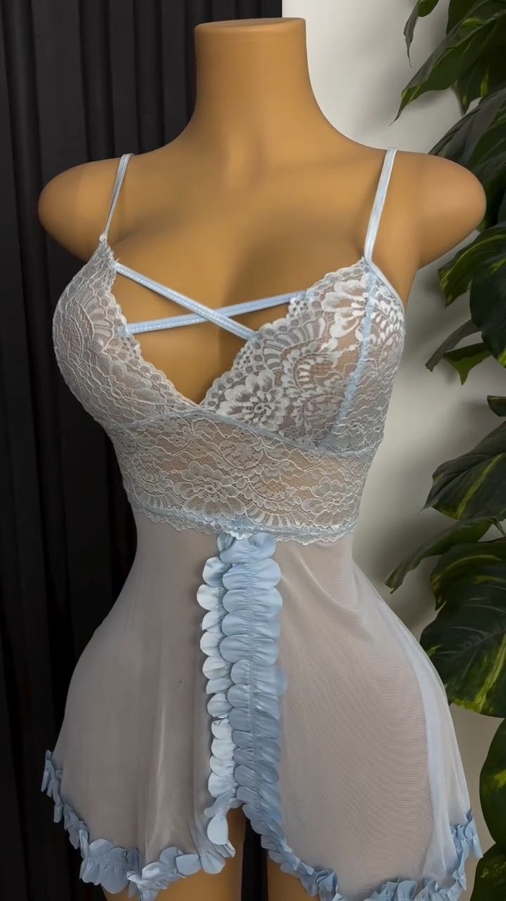 Sheer Lace Babydoll Nightdress with Ruffle Trim