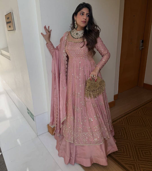 Dusty Rose Pink Heavy Silk Embroidered Anarkali Lehenga Set