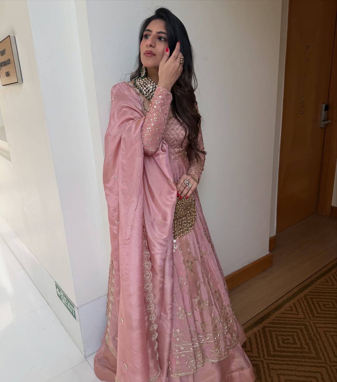 Dusty Rose Pink Heavy Silk Embroidered Anarkali Lehenga Set