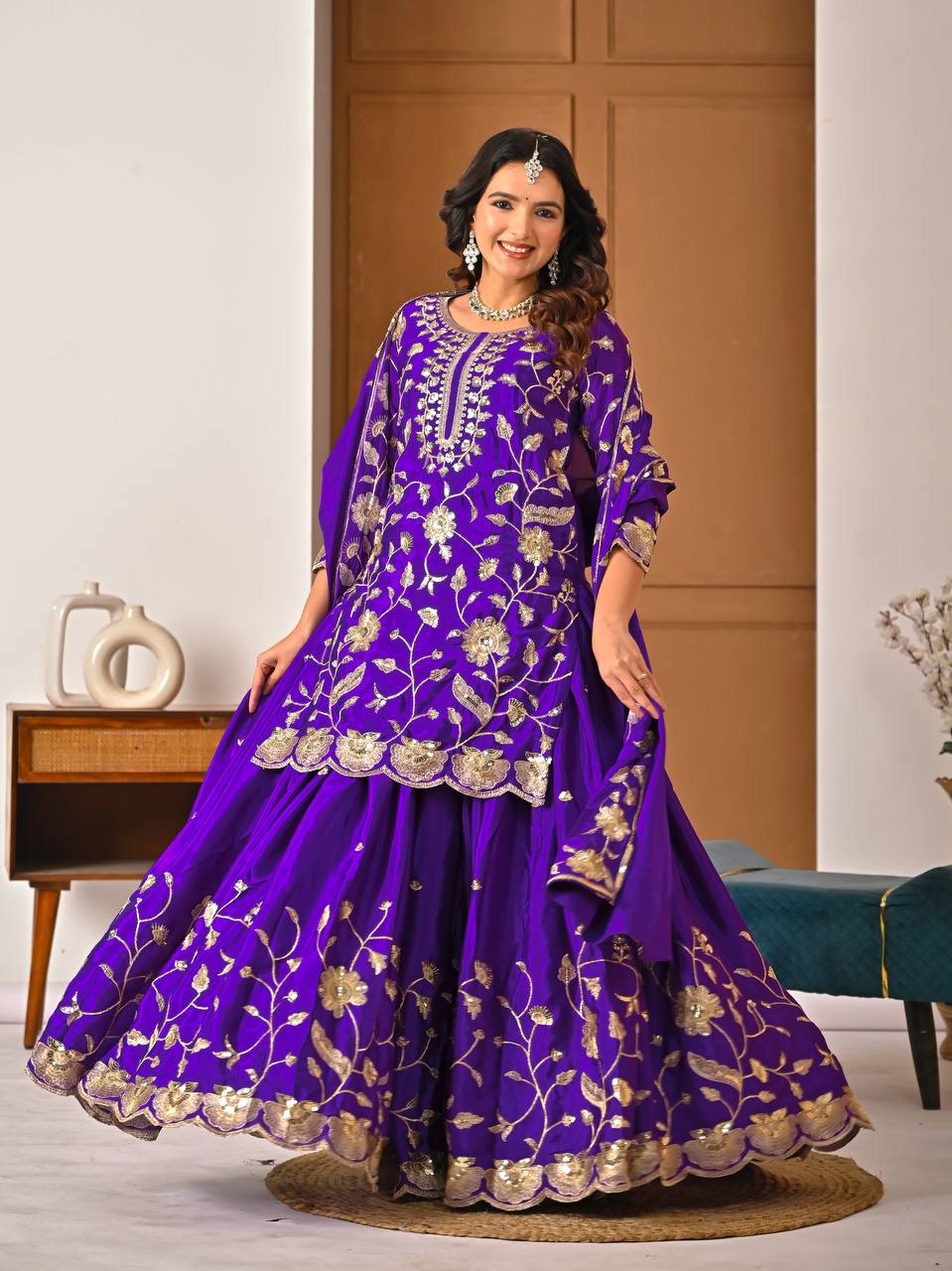 Purple Chinon Silk Embroidered Salwar Suit